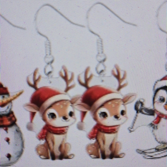 ♥Reindeer Cartoon Christmas Earrings - Acrylic Dangles - Nickel-Free Alloy Hooks - Picture 4 of 4